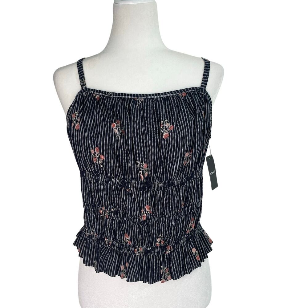 Torrid Floral Smocked Cami Top Black Striped Y2K Soft Girl Size 0/ Large